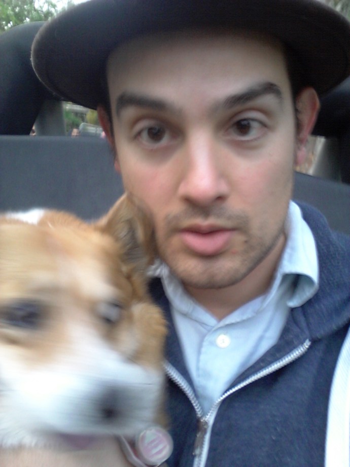 Steering and taking selfies with Pancake the Corgi. Automatic ticket in California